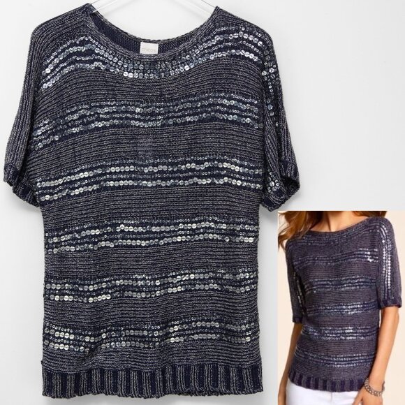 Chicos Kayden Sweater Stripe Sequin Short Sleeve Pullover Blue Size 2 Large New - Picture 1 of 7